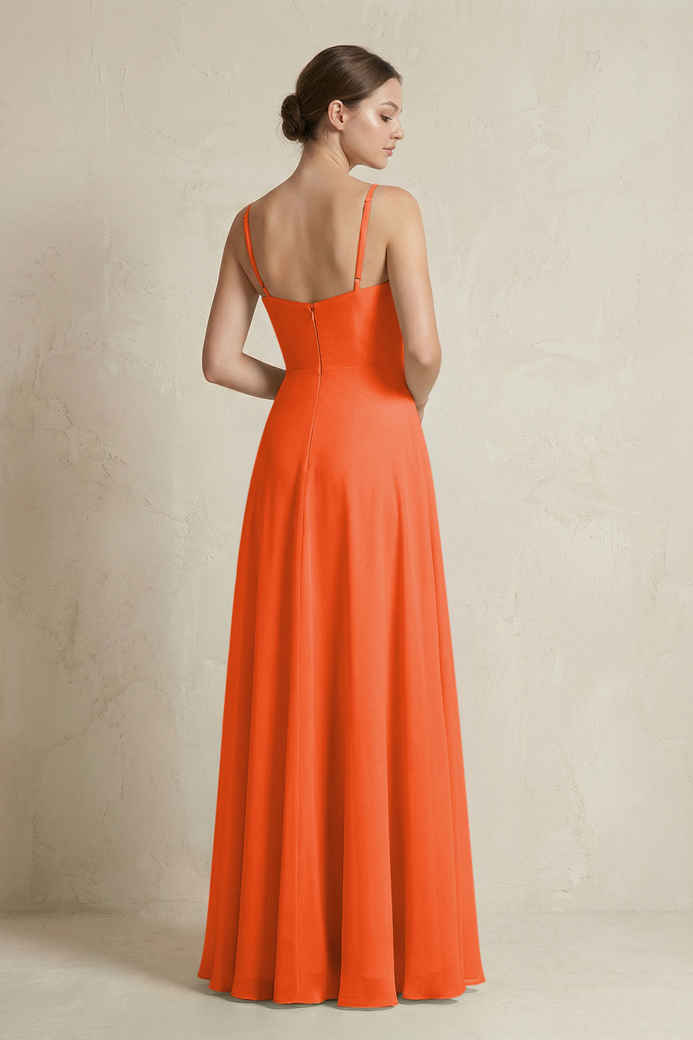 A-Line Ruffled Spaghetti Strap Chiffon Bridesmaid Dress in Cinnamon