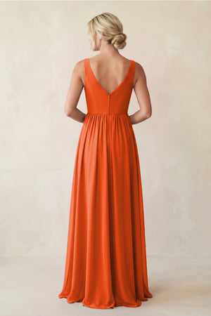 Cinnamon A-Line V-Neck Pleated Chiffon Bridesmaid Dress (2) | KISSBRIDAL