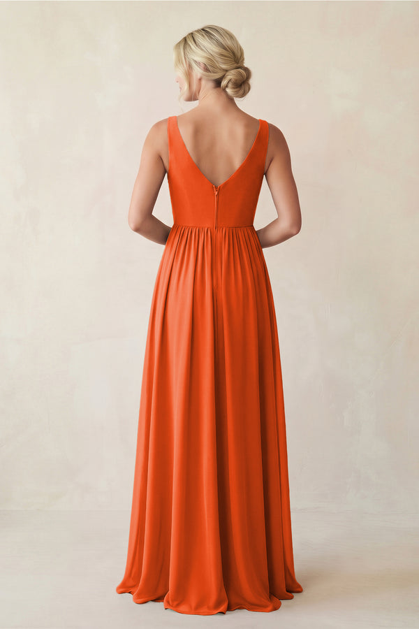 Cinnamon A-Line V-Neck Pleated Chiffon Bridesmaid Dress (2) | KISSBRIDAL