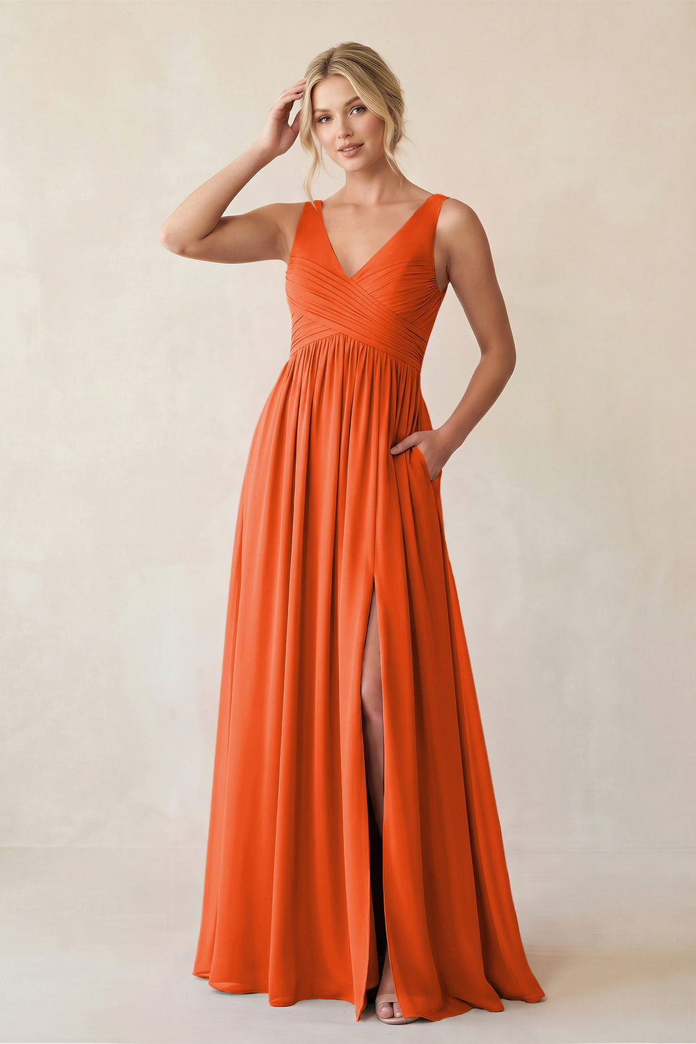 A-Line V-Neck Pleated Chiffon Bridesmaid Dress in Cinnamon