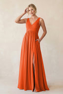 Cinnamon A-Line V-Neck Pleated Chiffon Bridesmaid Dress | KISSBRIDAL