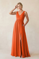 Cinnamon A-Line V-Neck Pleated Chiffon Bridesmaid Dress | KISSBRIDAL