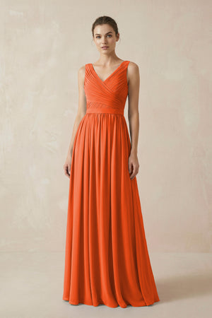 Cinnamon A-Line V-Neck Pleated Chiffon Bridesmaid Dress | KISSBRIDAL