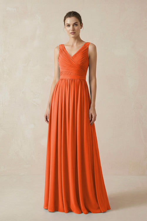Cinnamon A-Line V-Neck Pleated Chiffon Bridesmaid Dress | KISSBRIDAL