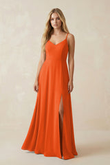 Cinnamon Cami Strap A-Line Chiffon Bridesmaid Dress with Slit | KISSBRIDAL
