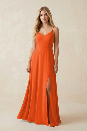 Cinnamon Cami Strap A-Line Chiffon Bridesmaid Dress with Slit | KISSBRIDAL