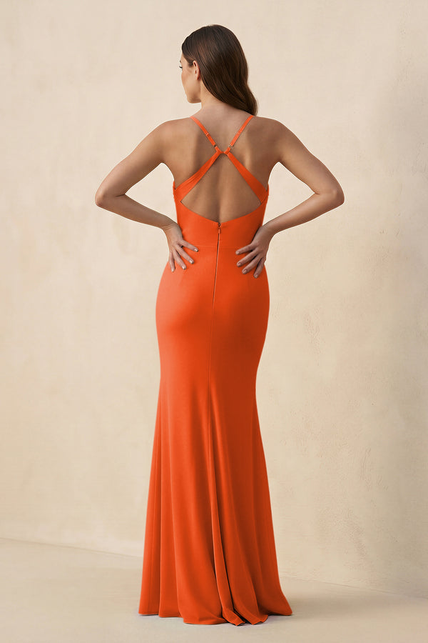 Cinnamon Cami Strap Sheath Chiffon Bridesmaid Dress with Slit (2) | KISSBRIDAL