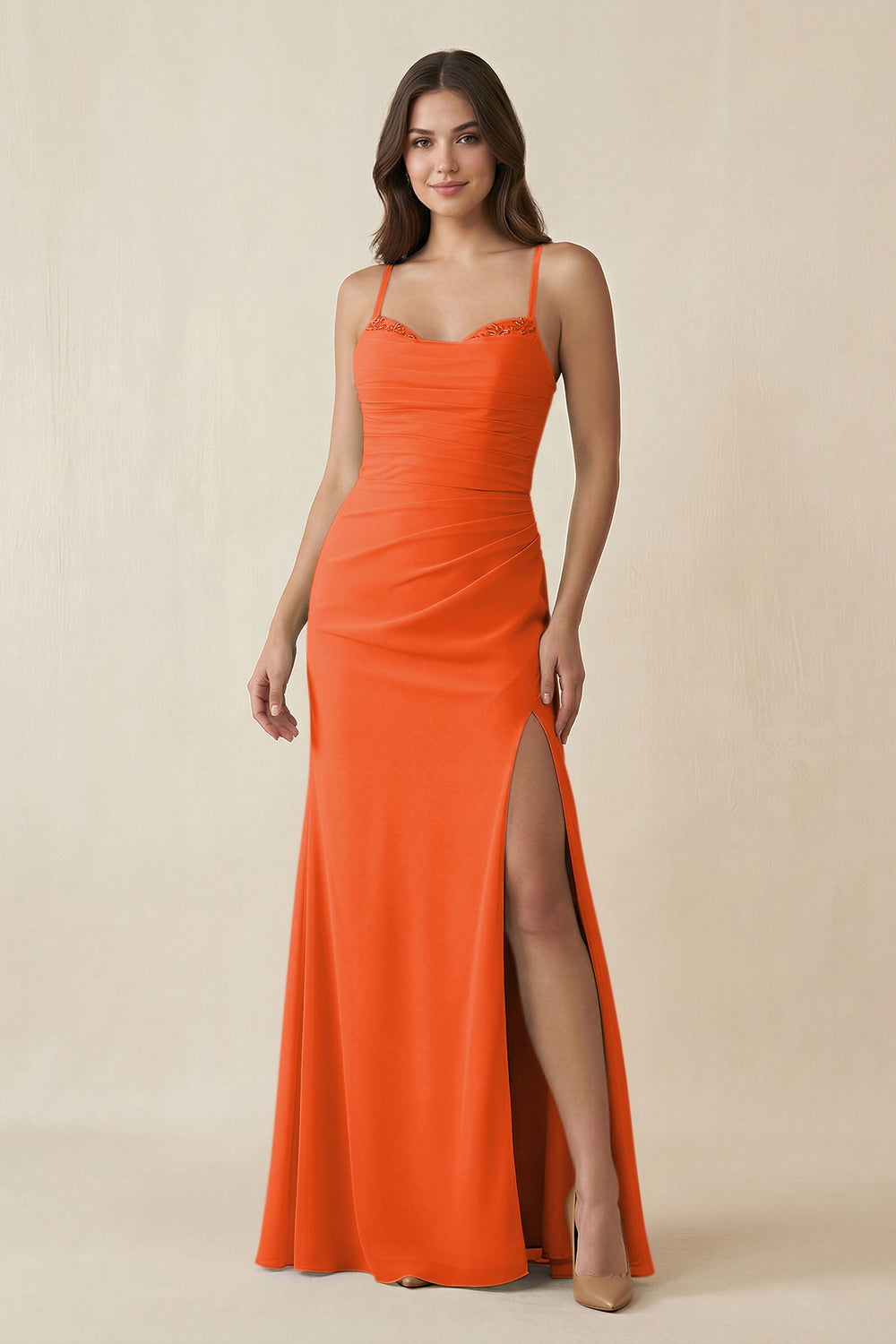 Cami Strap Sheath Chiffon Bridesmaid Dress with Slit in Cinnamon