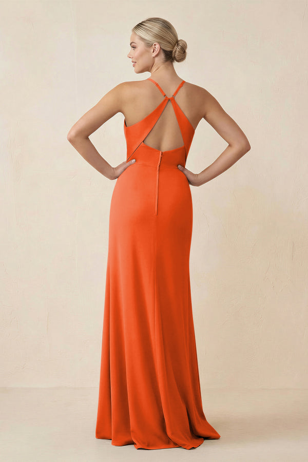 Cinnamon Cami Strap Sheath Ruched Bridesmaid Dress With Slit (2) | KISSBRIDAL