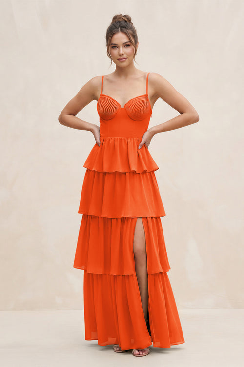 Cinnamon Cami Strap Tiered A-Line Chiffon Bridesmaid Dress | KISSBRIDAL
