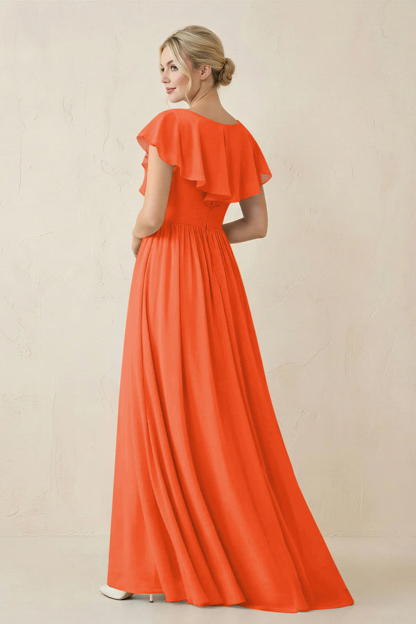 Cinnamon Cap Sleeve A-Line Ruffled Chiffon Bridesmaid Dress (2) | KISSBRIDAL