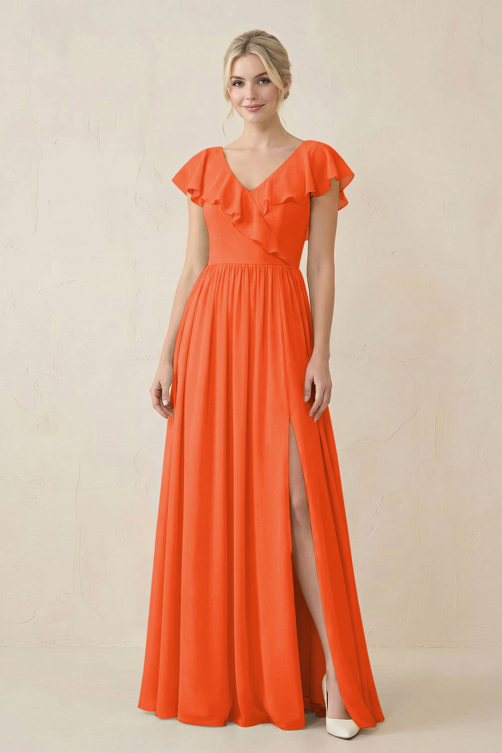 Cap Sleeve A-Line Ruffled Chiffon Bridesmaid Dress in Cinnamon