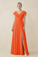 Cinnamon Cap Sleeve A-Line Ruffled Chiffon Bridesmaid Dress | KISSBRIDAL