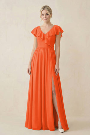 Cinnamon Cap Sleeve A-Line Ruffled Chiffon Bridesmaid Dress | KISSBRIDAL
