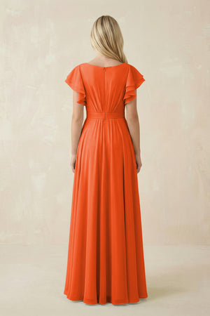 Cinnamon Cap Sleeve Ruffled A-Line Chiffon Bridesmaid Dress (2) | KISSBRIDAL