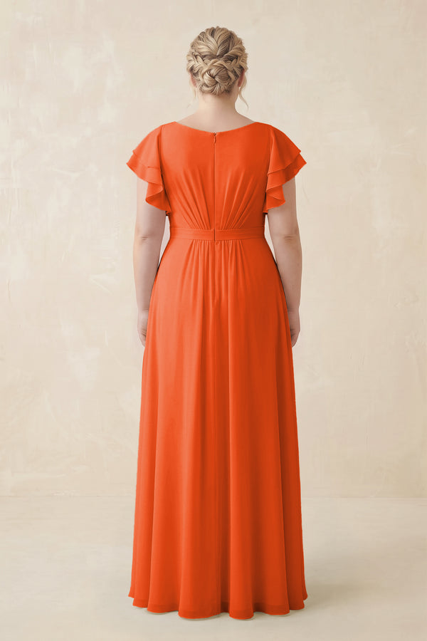 Cinnamon Cap Sleeve Ruffled A-Line Chiffon Bridesmaid Dress (2) | KISSBRIDAL
