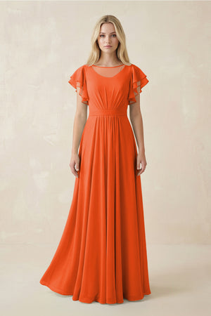 Cinnamon Cap Sleeve Ruffled A-Line Chiffon Bridesmaid Dress | KISSBRIDAL