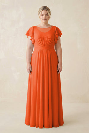 Cinnamon Cap Sleeve Ruffled A-Line Chiffon Bridesmaid Dress | KISSBRIDAL