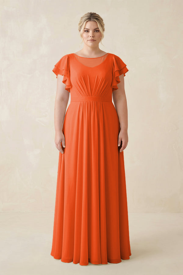 Cinnamon Cap Sleeve Ruffled A-Line Chiffon Bridesmaid Dress | KISSBRIDAL