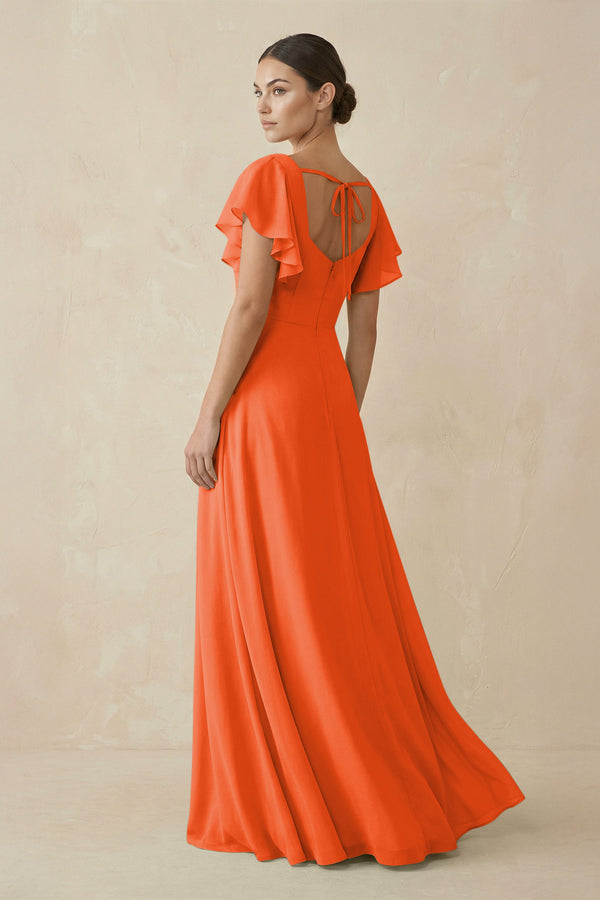Cinnamon Chiffon A-Line Long Bridesmaid Dress with Flutter Sleeves (2) | KISSBRIDAL