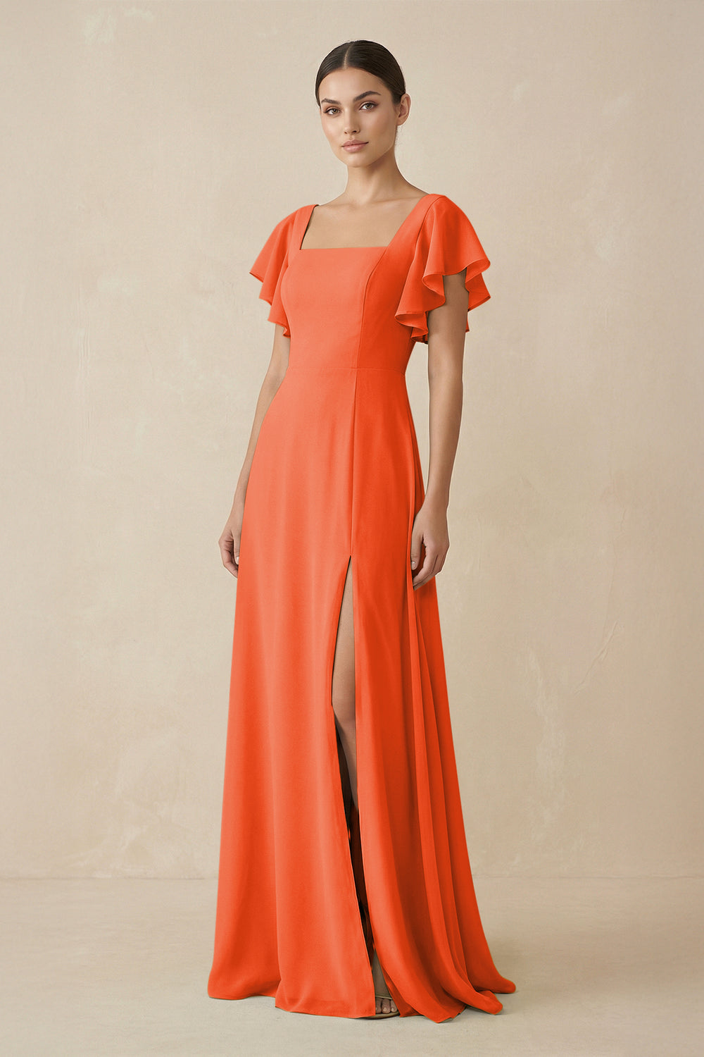 Chiffon A-Line Long Bridesmaid Dress with Flutter Sleeves in Cinnamon