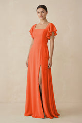 Cinnamon Chiffon A-Line Long Bridesmaid Dress with Flutter Sleeves | KISSBRIDAL