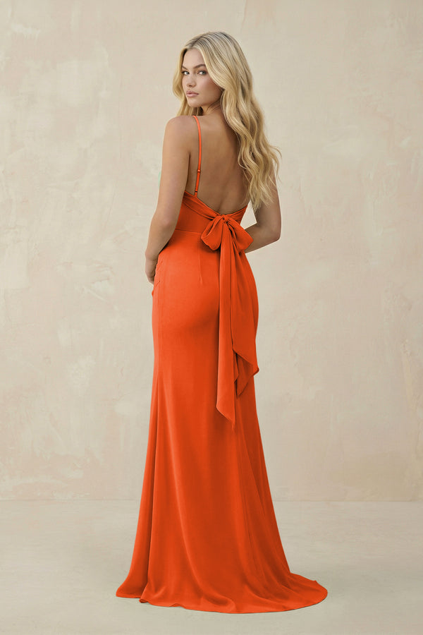 Cinnamon Cowl Neck Sheath Chiffon Bridesmaid Dress with Corset (2) | KISSBRIDAL