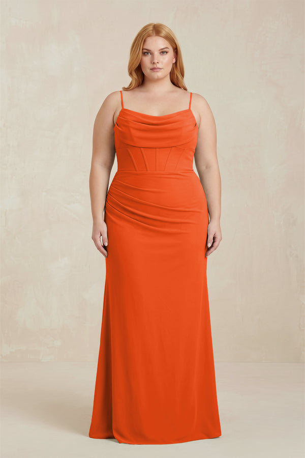Cinnamon Cowl Neck Sheath Chiffon Bridesmaid Dress with Corset | KISSBRIDAL