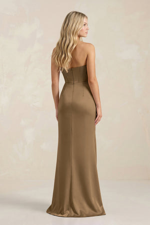 Cinnamon Cowl Neck Sheath Satin Bridesmaid Dress With Detachable Sleeves | KISSBRIDAL