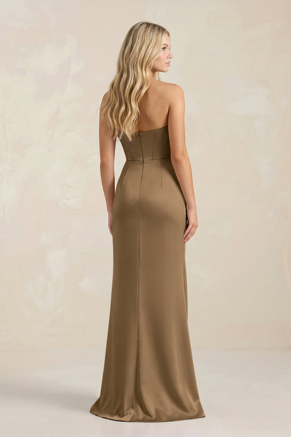 Cinnamon Cowl Neck Sheath Satin Bridesmaid Dress With Detachable Sleeves | KISSBRIDAL