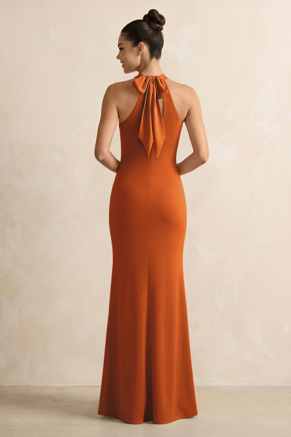 Crisscross Halter Sheath Satin Bridesmaid Dress with Bow in Cinnamon