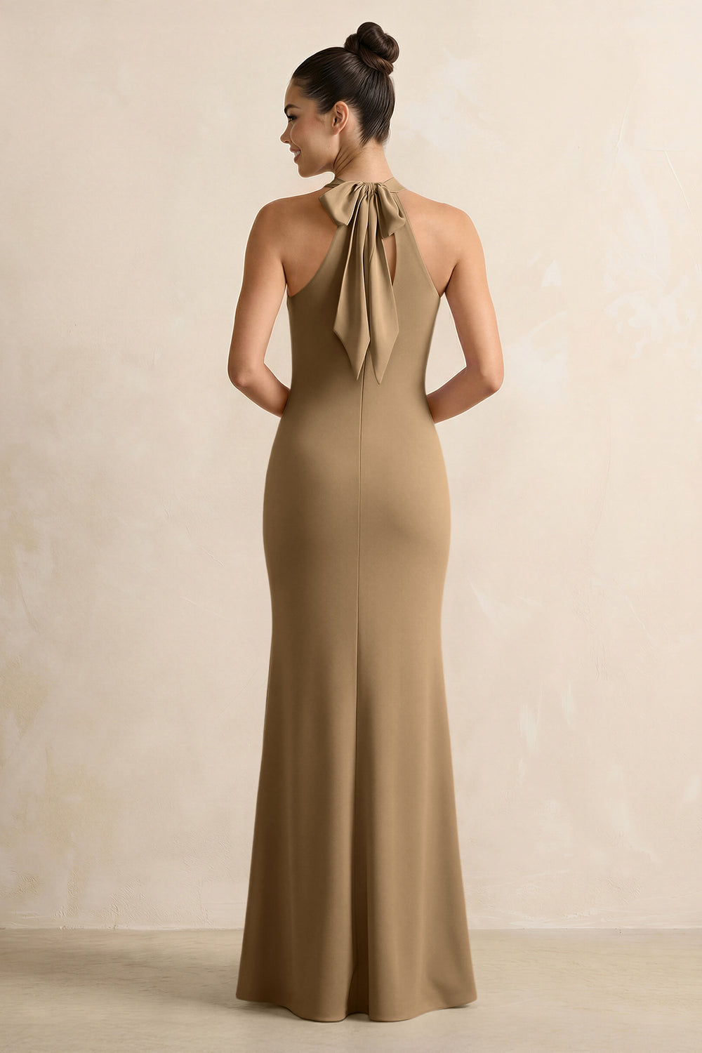 Crisscross Halter Sheath Satin Bridesmaid Dress with Bow in Apple Cinnamon