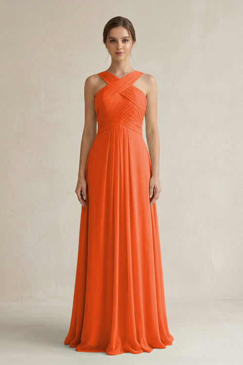 Cinnamon Cross Halter Chiffon A-Line Pleated Bridesmaid Dress | KISSBRIDAL
