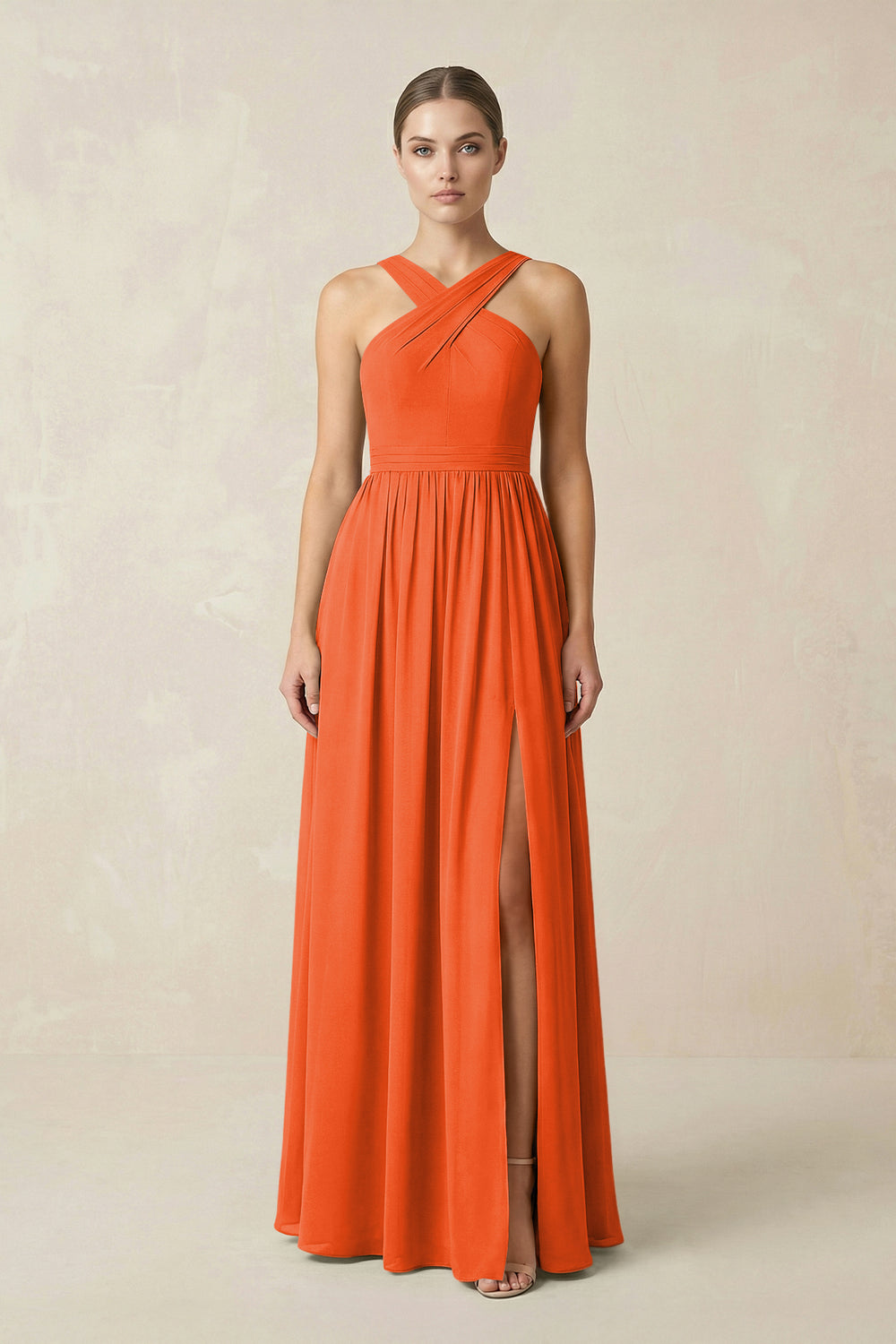 Cross Halter Neck Chiffon A-Line Bridesmaid Dress With Slit in Cinnamon