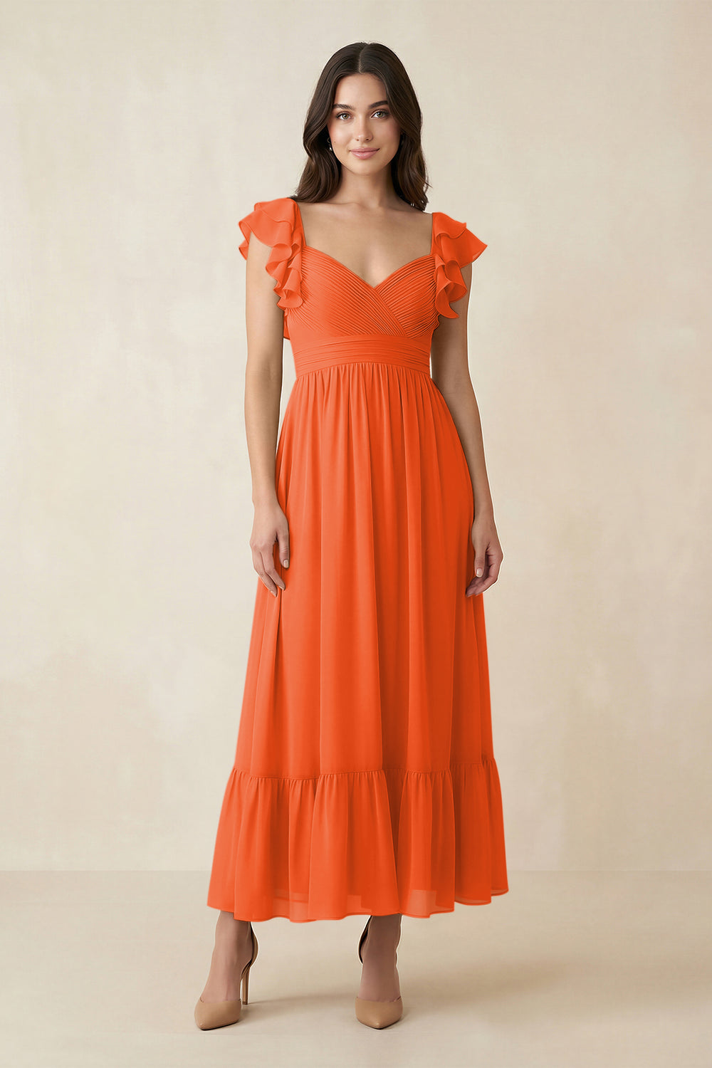 Flutter Sleeve Sweetheart A-Line Chiffon Bridesmaid Dress in Cinnamon