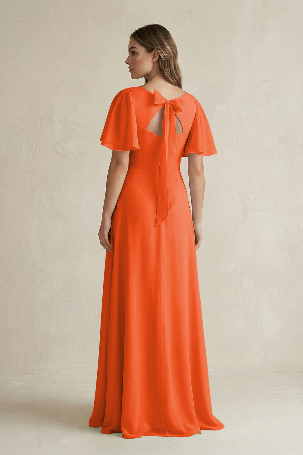 Flutter Sleeve V-Neck A-Line Chiffon Bridesmaid Dress in Cinnamon