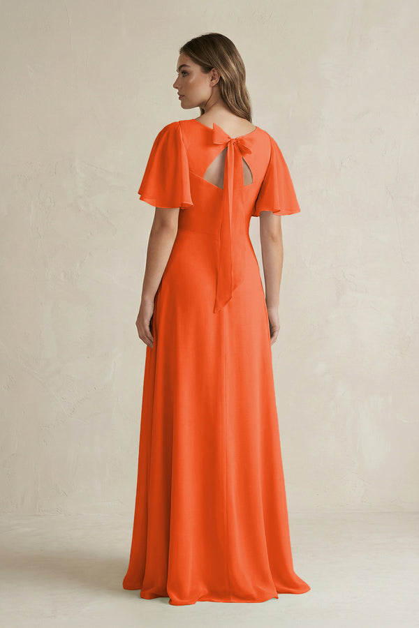 Cinnamon Flutter Sleeve V-Neck A-Line Chiffon Bridesmaid Dress (2) | KISSBRIDAL