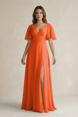 Cinnamon Flutter Sleeve V-Neck A-Line Chiffon Bridesmaid Dress | KISSBRIDAL