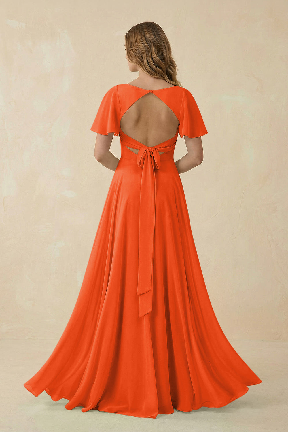 Flutter Sleeve V-Neck Chiffon A-Line Bridesmaid Dress in Cinnamon