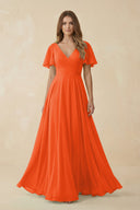 Cinnamon Flutter Sleeve V-Neck Chiffon A-Line Bridesmaid Dress | KISSBRIDAL