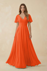 Cinnamon Flutter Sleeve V-Neck Chiffon A-Line Bridesmaid Dress | KISSBRIDAL