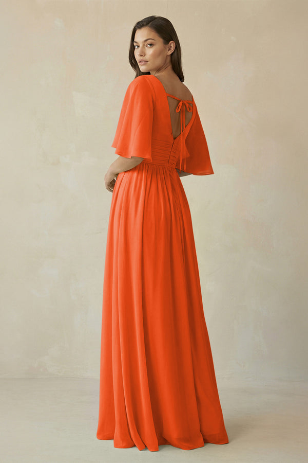 Cinnamon Half Sleeve V-Neck A-Line Chiffon Bridesmaid Gown (2) | KISSBRIDAL
