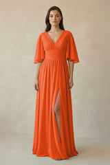 Cinnamon Half Sleeve V-Neck A-Line Chiffon Bridesmaid Gown | KISSBRIDAL