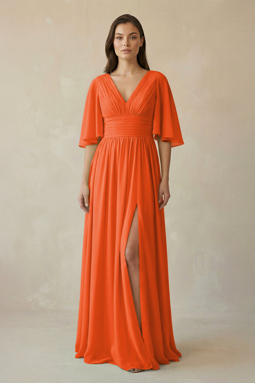 Cinnamon Half Sleeve V-Neck A-Line Chiffon Bridesmaid Gown | KISSBRIDAL