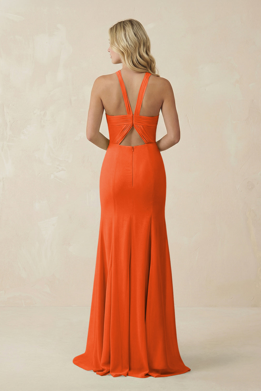 Halter Chiffon Mermaid Ruched Bridesmaid Dress in Cinnamon