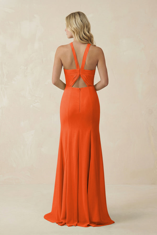 Cinnamon Halter Chiffon Mermaid Ruched Bridesmaid Dress (2) | KISSBRIDAL