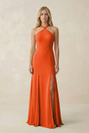 Cinnamon Halter Chiffon Mermaid Ruched Bridesmaid Dress | KISSBRIDAL