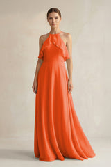 Cinnamon Halter Neck A-Line Chiffon Bridesmaid Dress with Keyhole | KISSBRIDAL