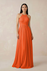 Cinnamon Halter Neck A-Line Chiffon Bridesmaid Dress | KISSBRIDAL