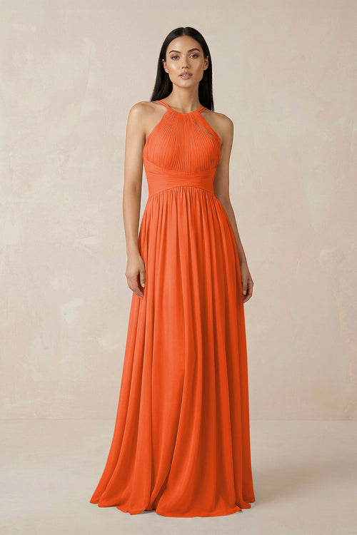 Cinnamon Halter Neck A-Line Chiffon Bridesmaid Dress | KISSBRIDAL